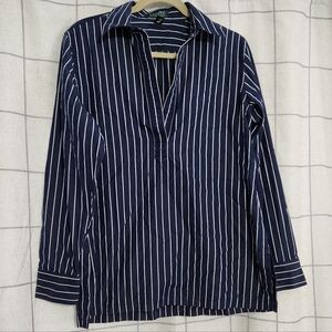 Lauren Ralph Lauren Navy & White Striped V-Neck Long-Sleeve 100% Cotton Top